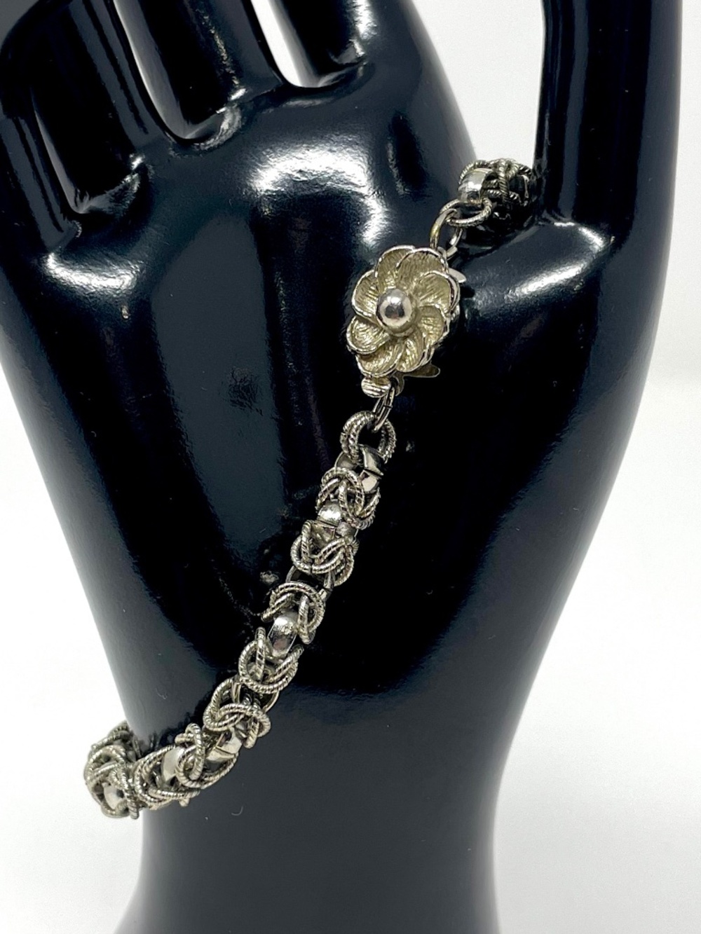 Vintage JAPAN Chunky Byzantine Bracelet Silver Tone Floral Clasp 9"
